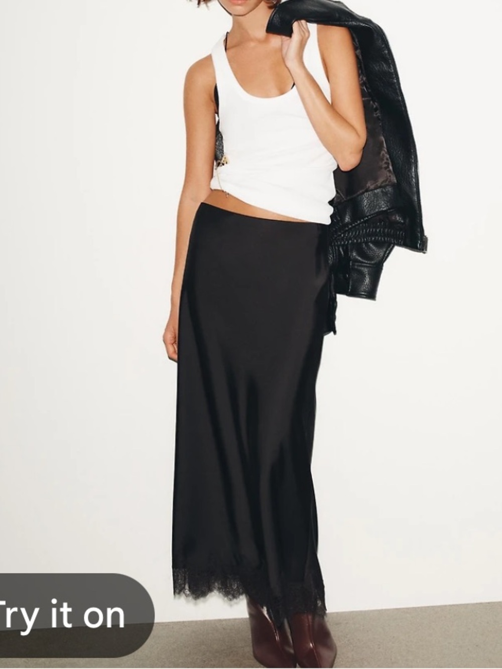 Zara Black Satin Maxi Skirt with Lace Trim